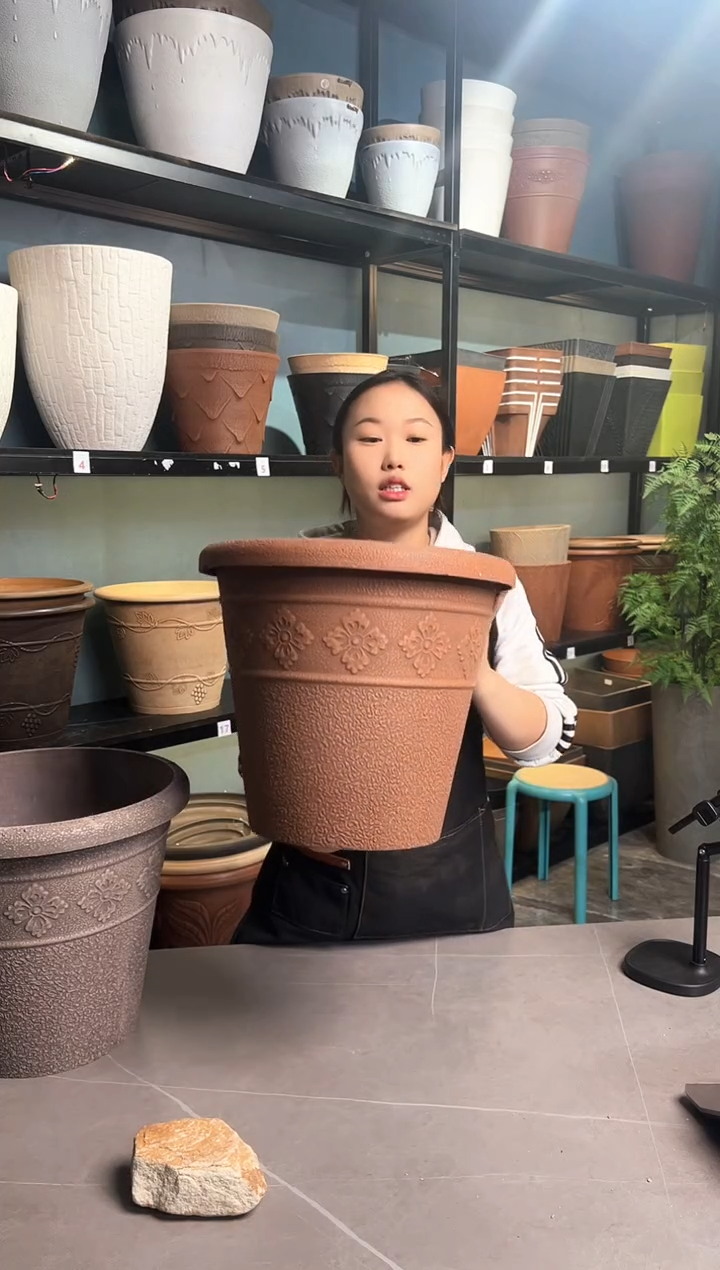 38*33/USA38-B陶土色手工浮雕纹理大花盆外贸尾单