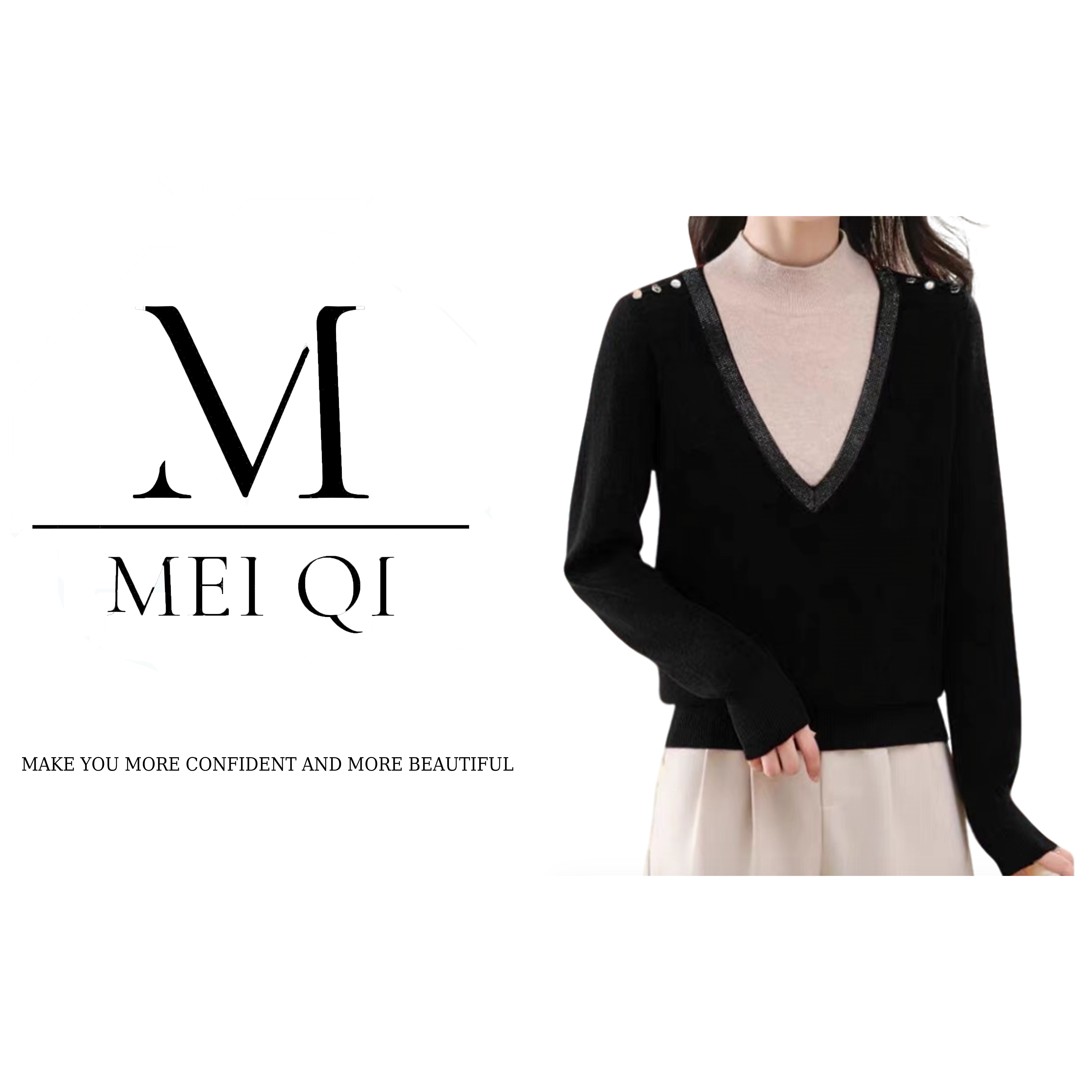 MeiQi 原宿日单！重工烫钻大V领拼接假两件春秋套头针织衫女A3526