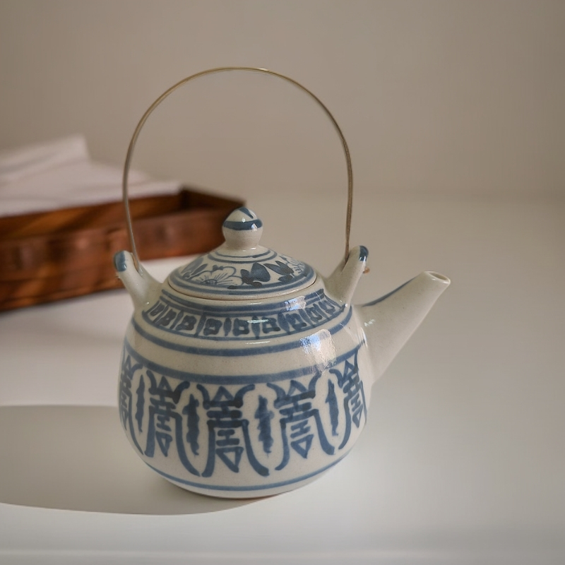 耀州窑兰花手绘陶瓷复古提梁茶壶中式茶水壶家用提梁壶茶具泡茶壶