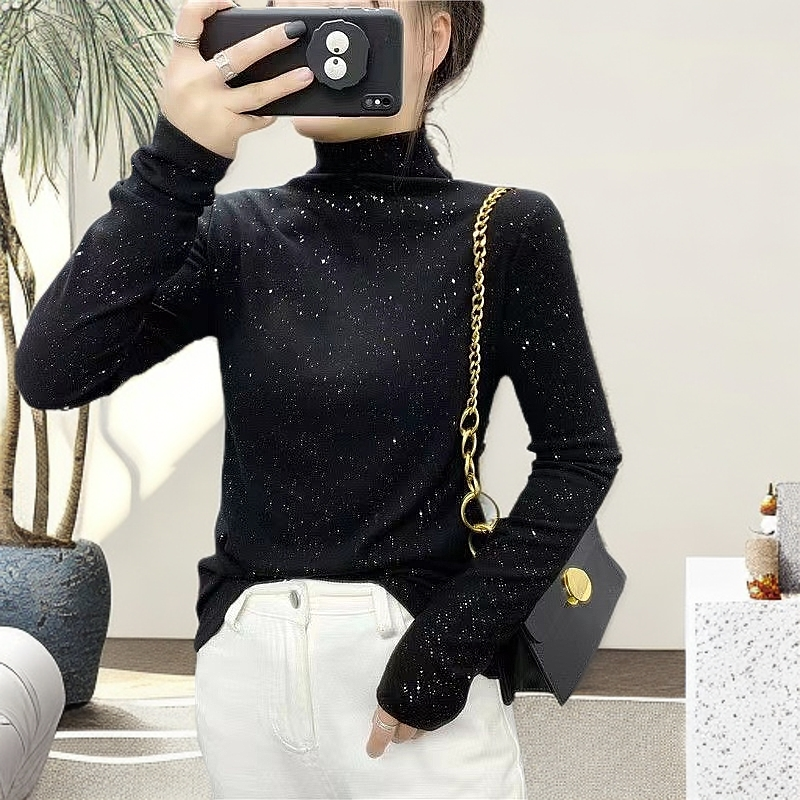 洋气半高领德绒亮片秋冬新款打底衫修身网红百搭长袖上衣女2025