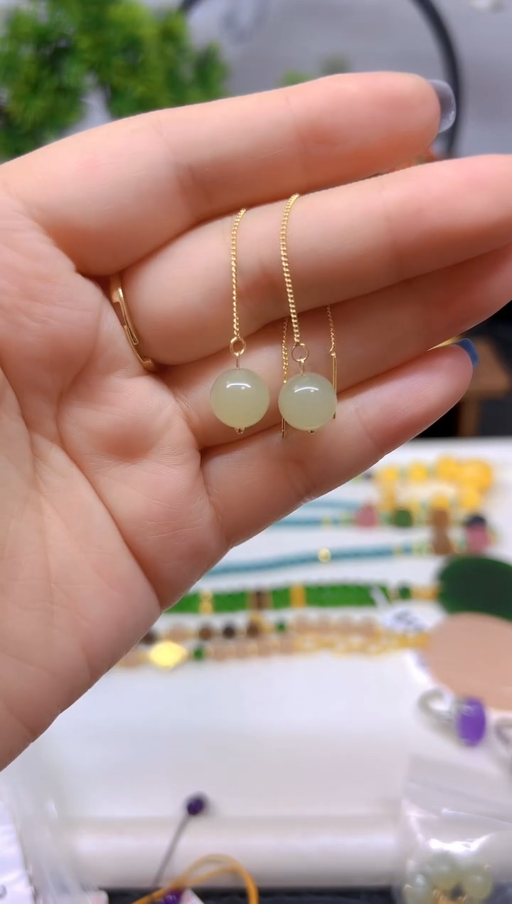 银S925镀金镶嵌和田玉耳饰E723