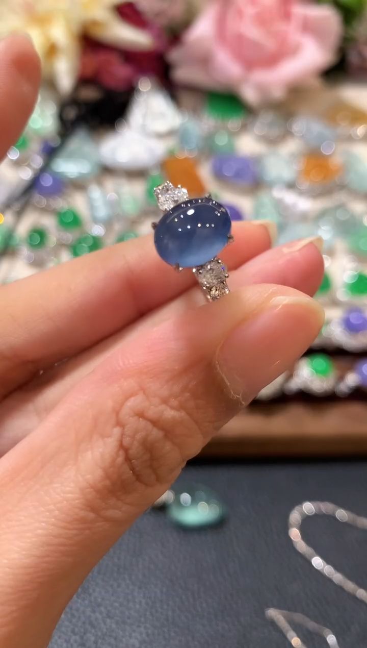 18K金镶嵌戒指翡翠H**娜m38紫色有色差