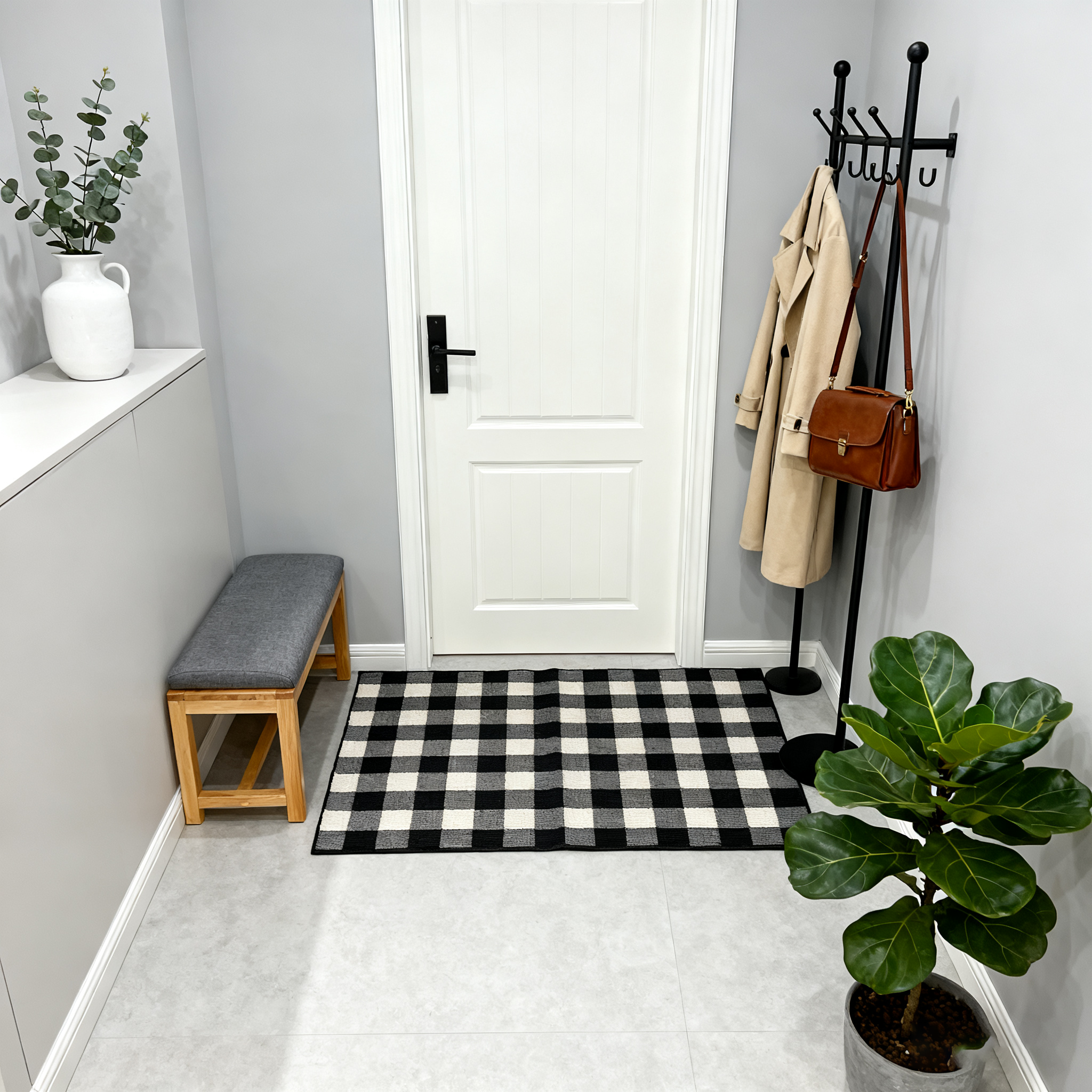 轻奢棋盘格进门垫 黑白撞色适配现代极简装修 易清洁防滑入户地垫