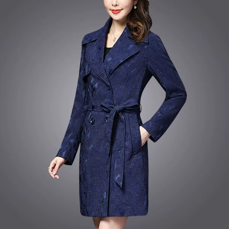 桑蚕丝森系长袖褶皱风提花风衣收腰气质外套女装25DAK0732