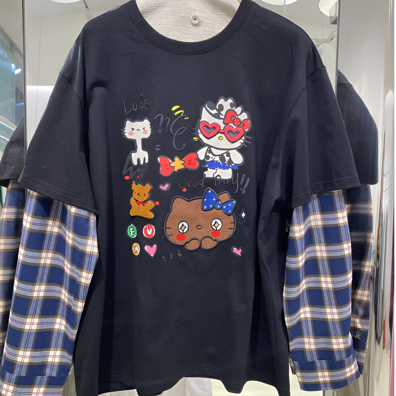 BLX--1215（深圳出品）新款小众设计款格子拼接kitty印花上衣