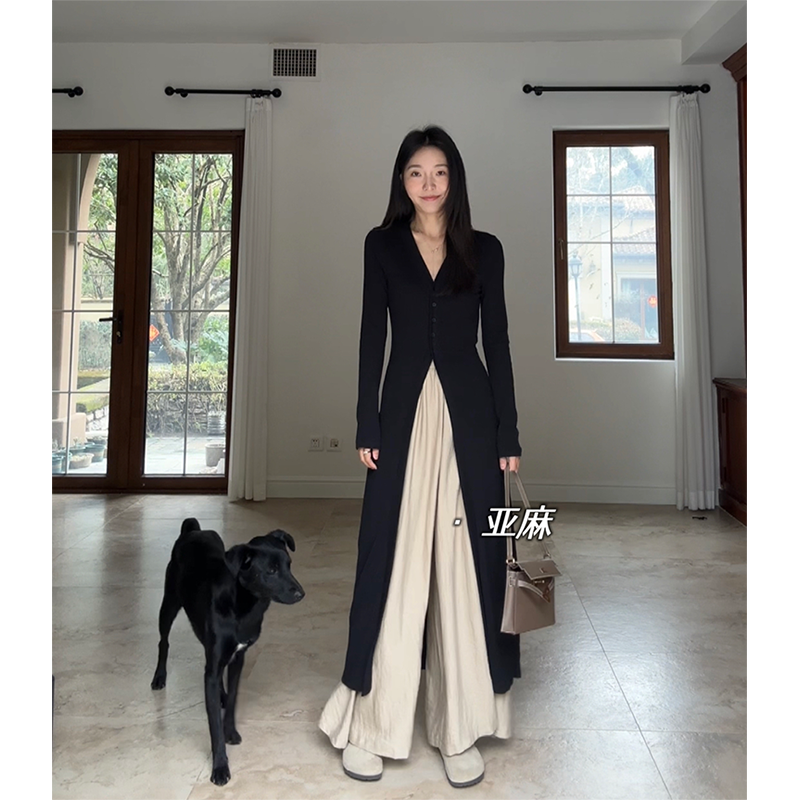 郭九九呢 显瘦气质百搭针织开衫亚麻垂感松紧腰阔腿裤裙G9C346668