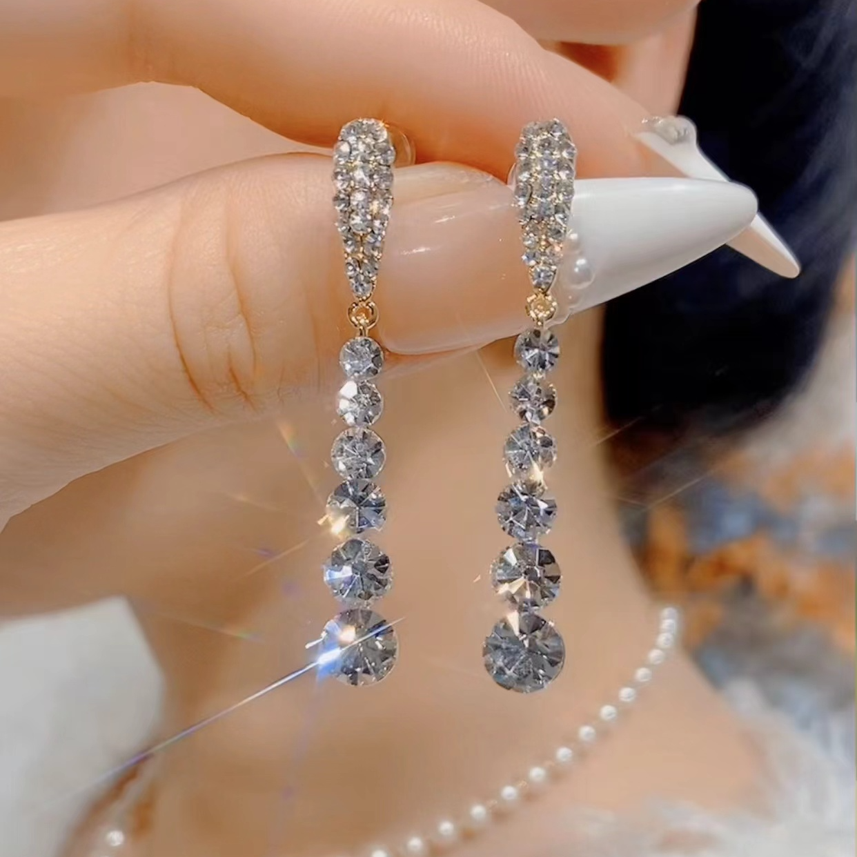 铜合金合成锆石耳饰 气质时尚百搭简约长款个性精致素款F910