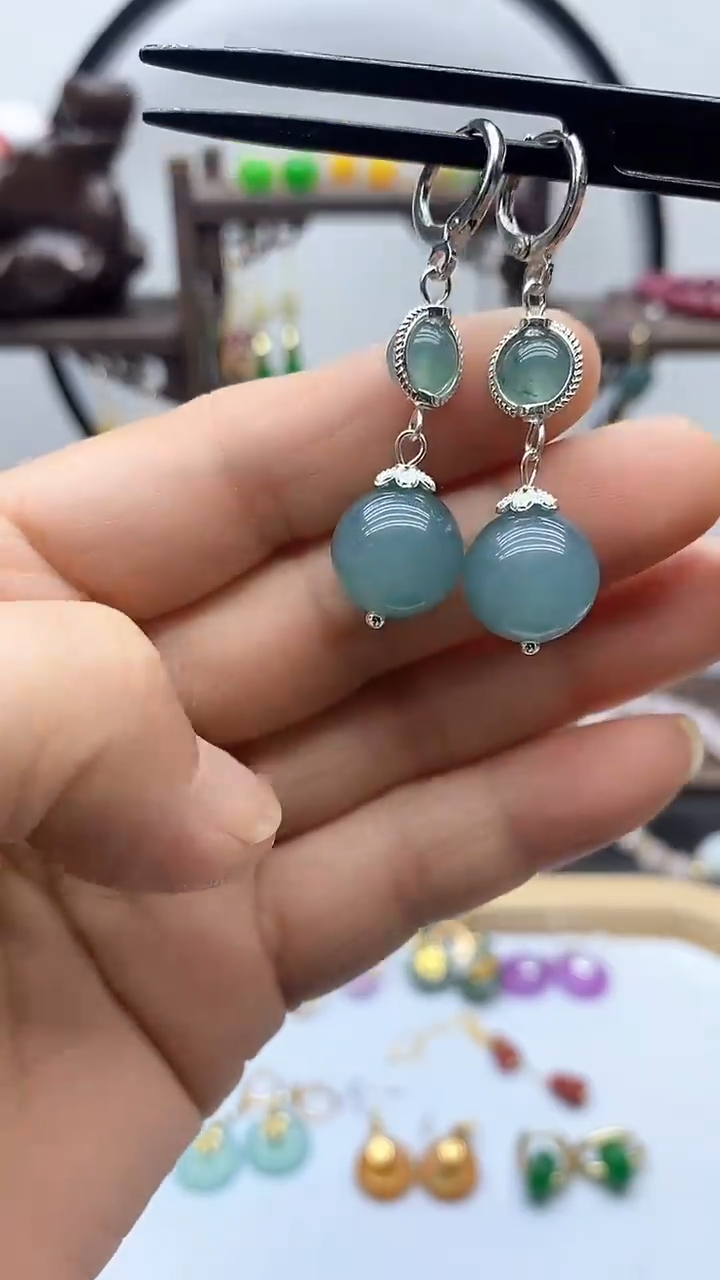 石英质玉（非洲翠）银S925镶嵌耳饰62