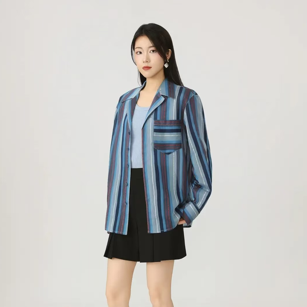 AMASS/阿玛施宽松型条纹四季通用长袖休闲秋夏季衬衫上衣530065