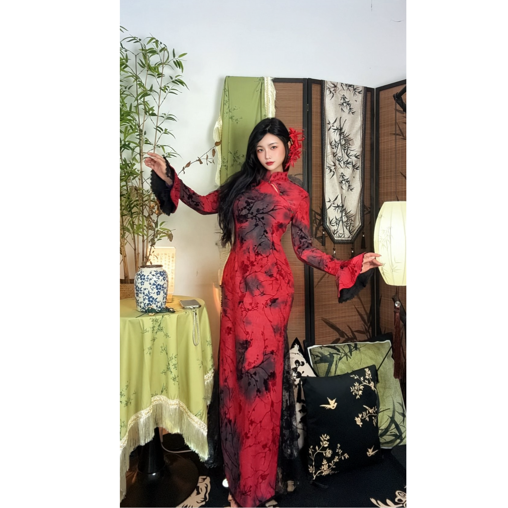 四月芳菲【红漫漫】原创自制秋冬款植绒扎染蕾丝拼接复古气质旗袍
