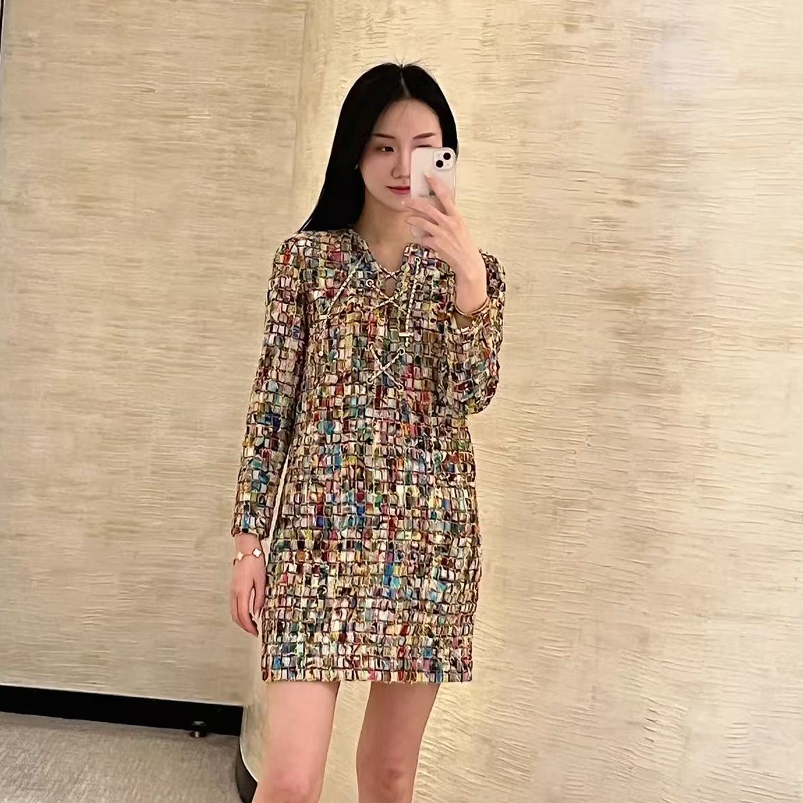 99新 Chanel/香奈儿 38码21P彩色马赛克连衣裙