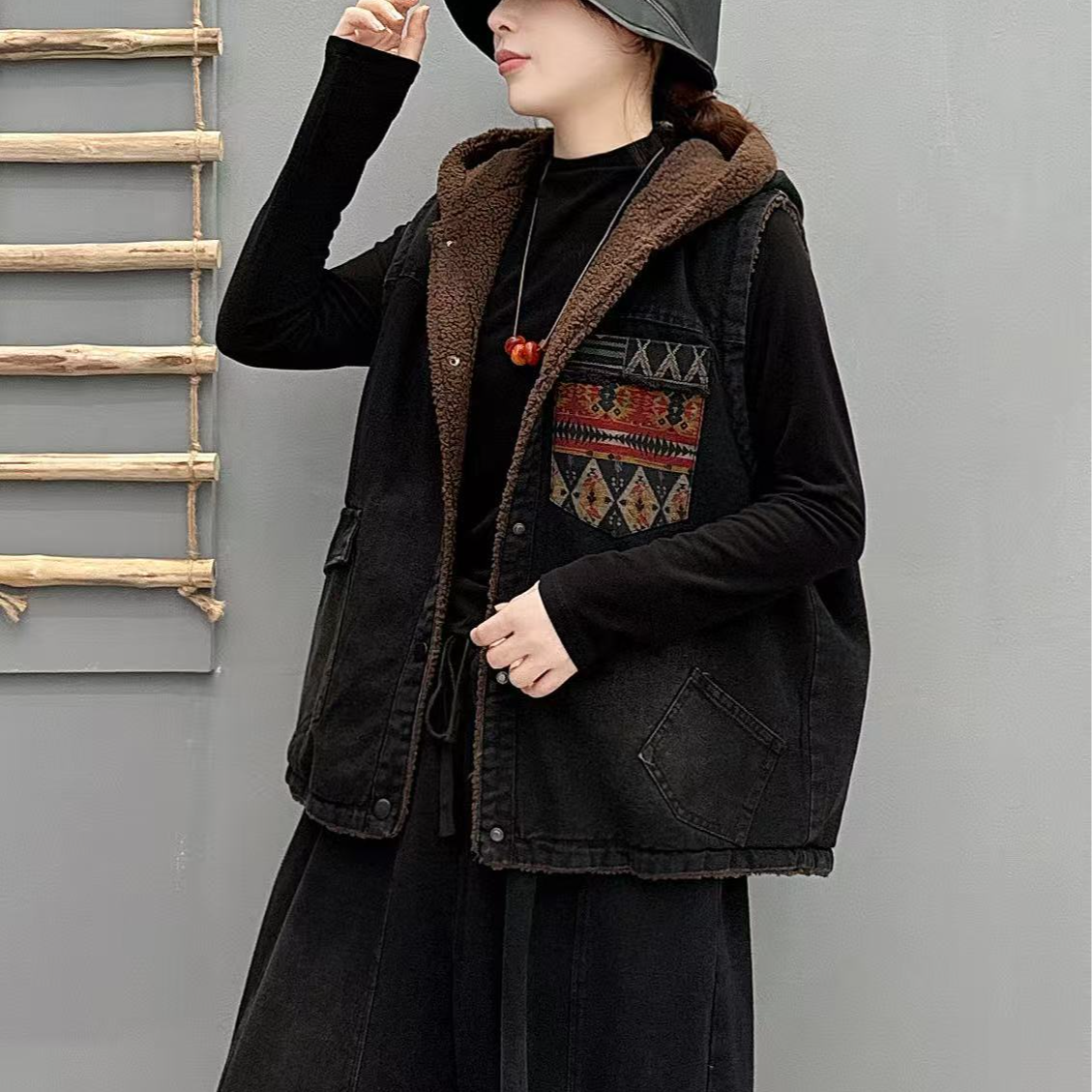 17961新款冬季加绒百搭时尚减龄连帽牛仔马甲