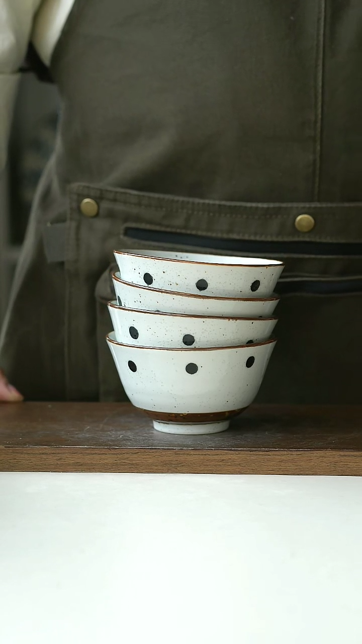 【闪购商品】陶瓷微瑕手作波点米饭碗4只装@4-2@