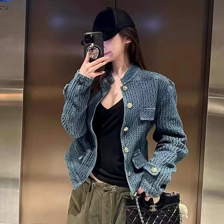 PERIKAS小香风秋季牛仔外套女韩版宽松早秋立领时尚百搭气质上衣