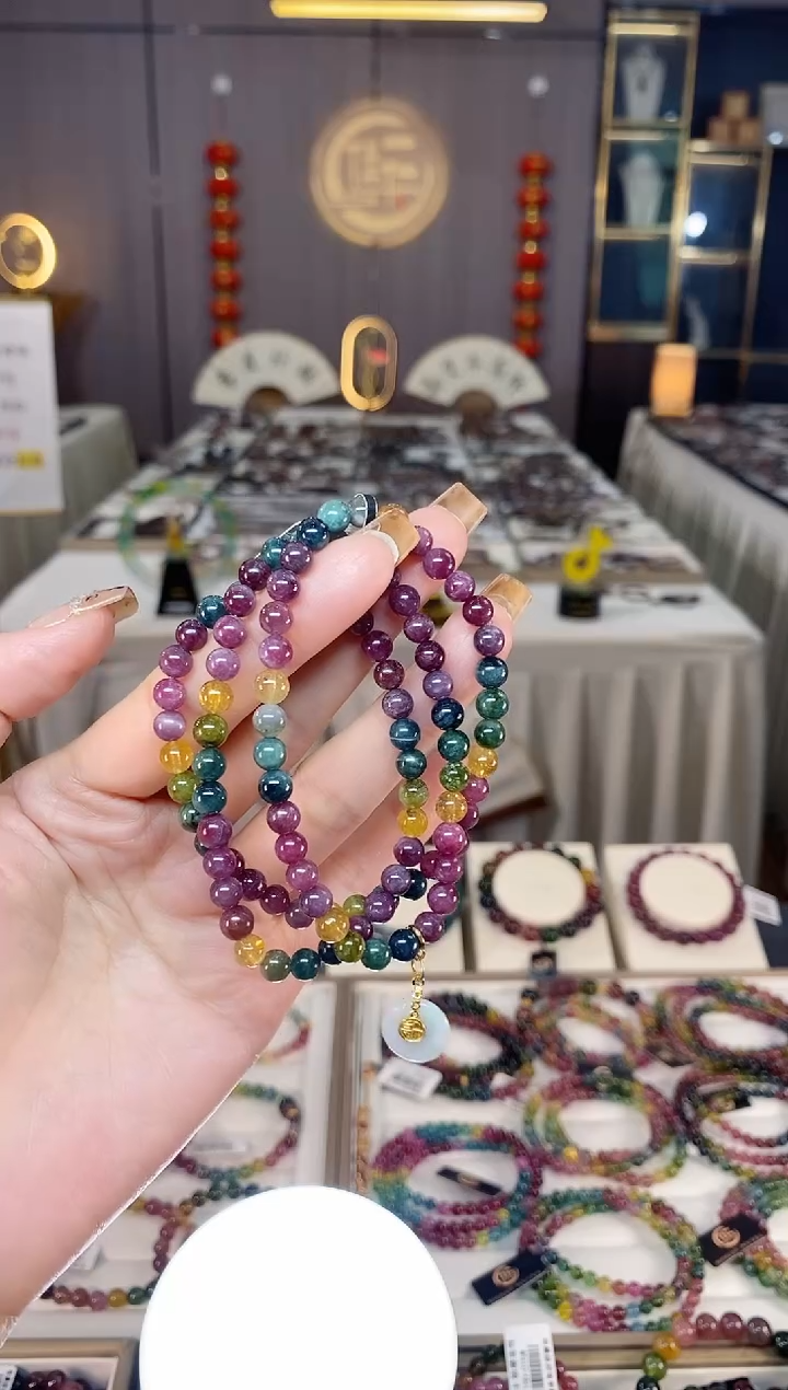 未镶嵌老矿碧玺彩虹三圈手串5mm+碧玺dan多样性发货一条