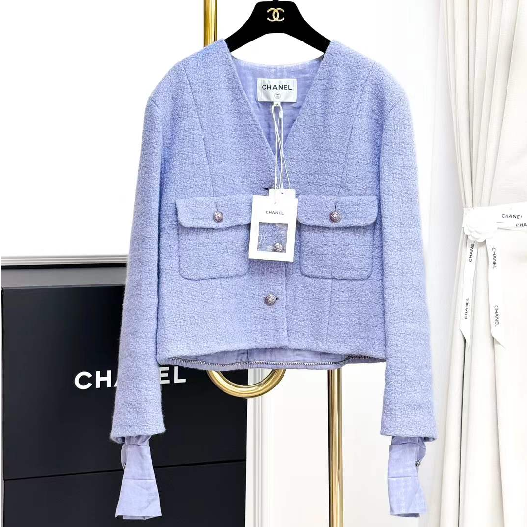 99新 Chanel/香奈儿 44码24A紫色软呢衬衫袖V领短款收腰外套
