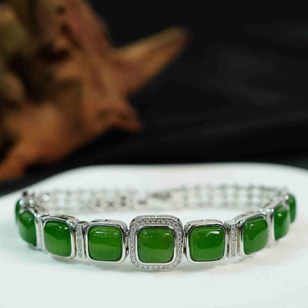 【老爸评测专属】银S925和田玉碧玉方形手链 T081123