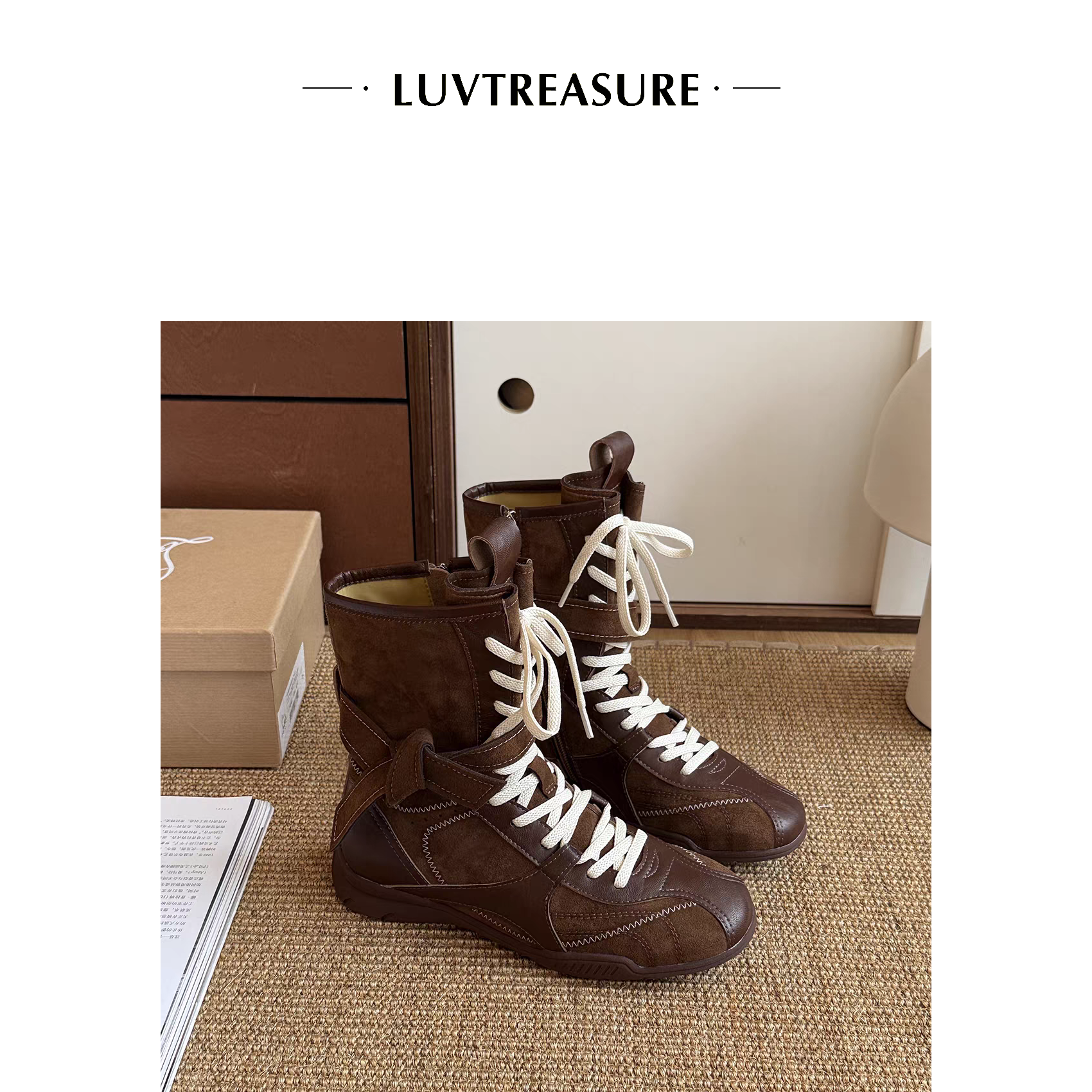 LTS 复古拼接系带厚底短靴 3654