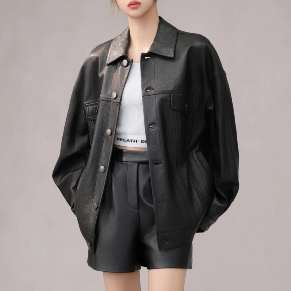 AMASS/阿玛施休闲百搭潮流高级质感宽松皮衣女皮衣外套5400726