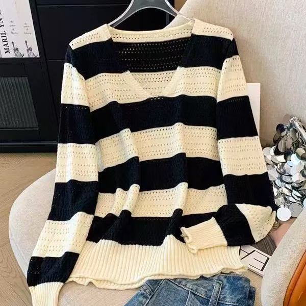 毛衣条纹镂空针织衫V领毛衣女春装新款打底衫上衣096