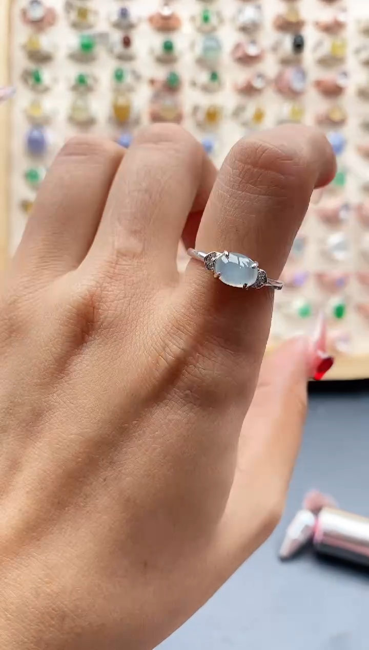 【闪购商品】翡翠戒指银S925镶嵌缅甸天然A货翡翠444 1+