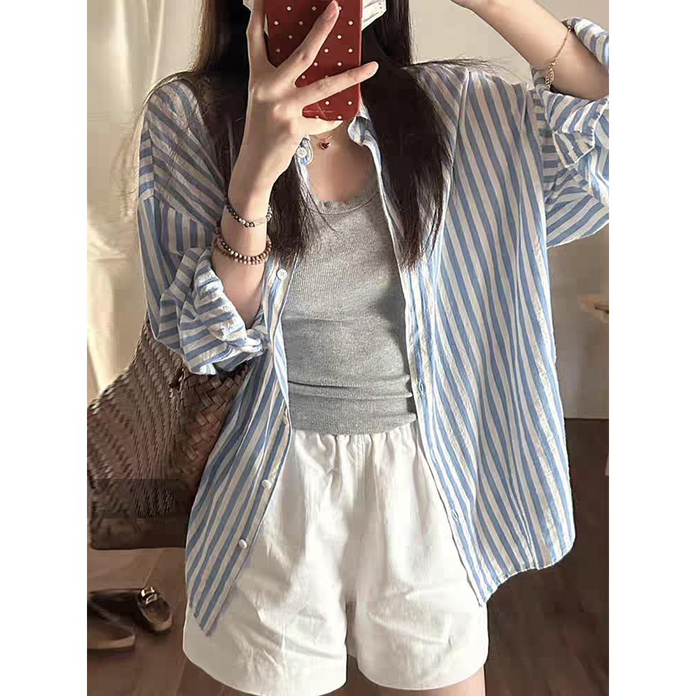 韩系蓝色条纹polo领衬衫外套女春秋外搭宽松薄款防晒空调开衫上衣
