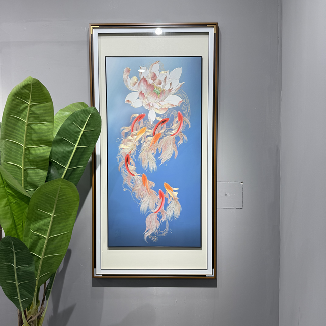 铜板雕刻九鱼荷花高端中式玄关装饰手工画入户走廊过道挂画