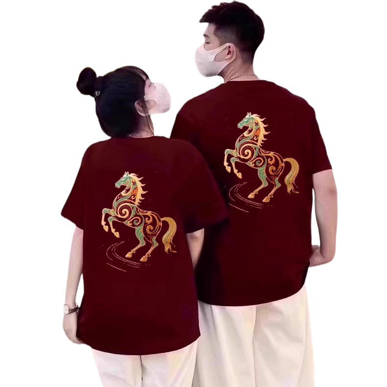 中国风情侣T恤2026马年本命年衣服红色纯棉加肥加大考试百搭衣服