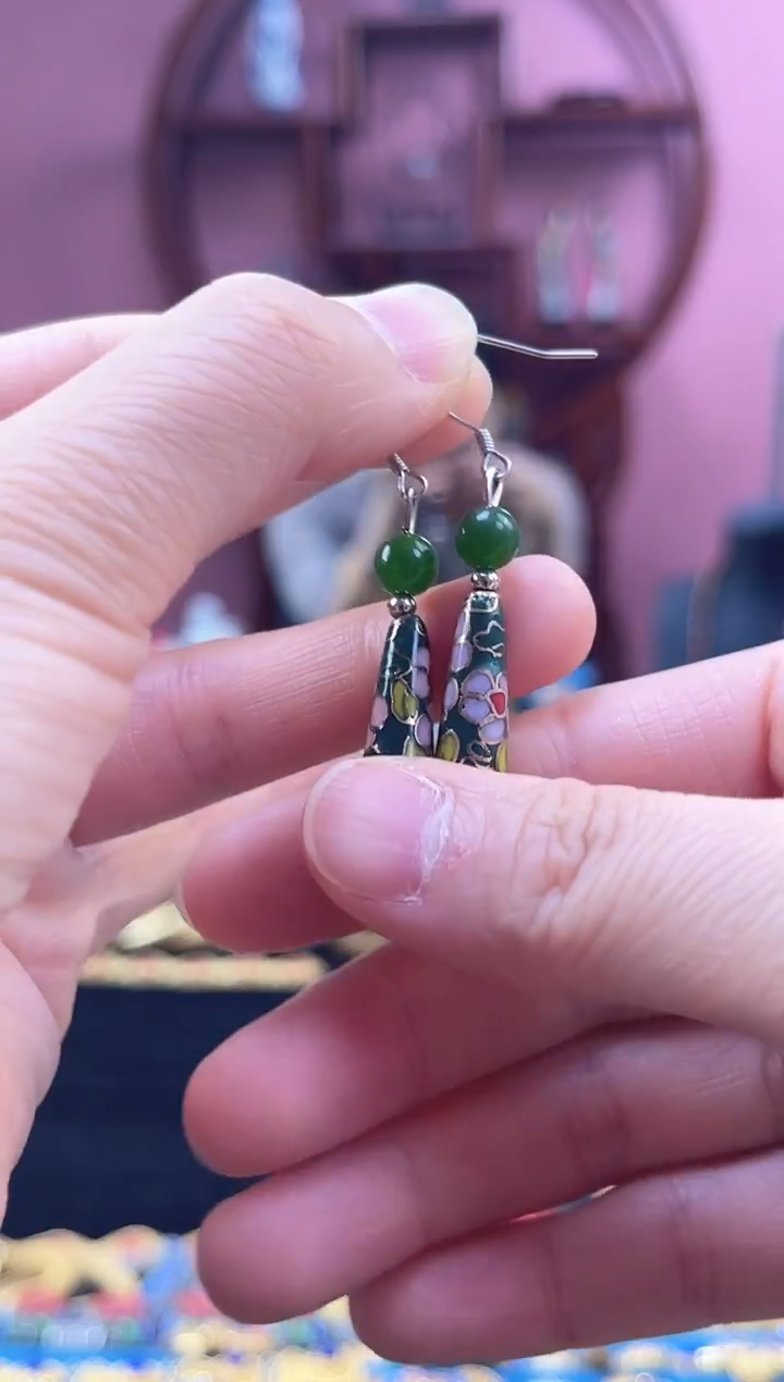 非遗 景泰蓝 水滴 墨绿 耳环