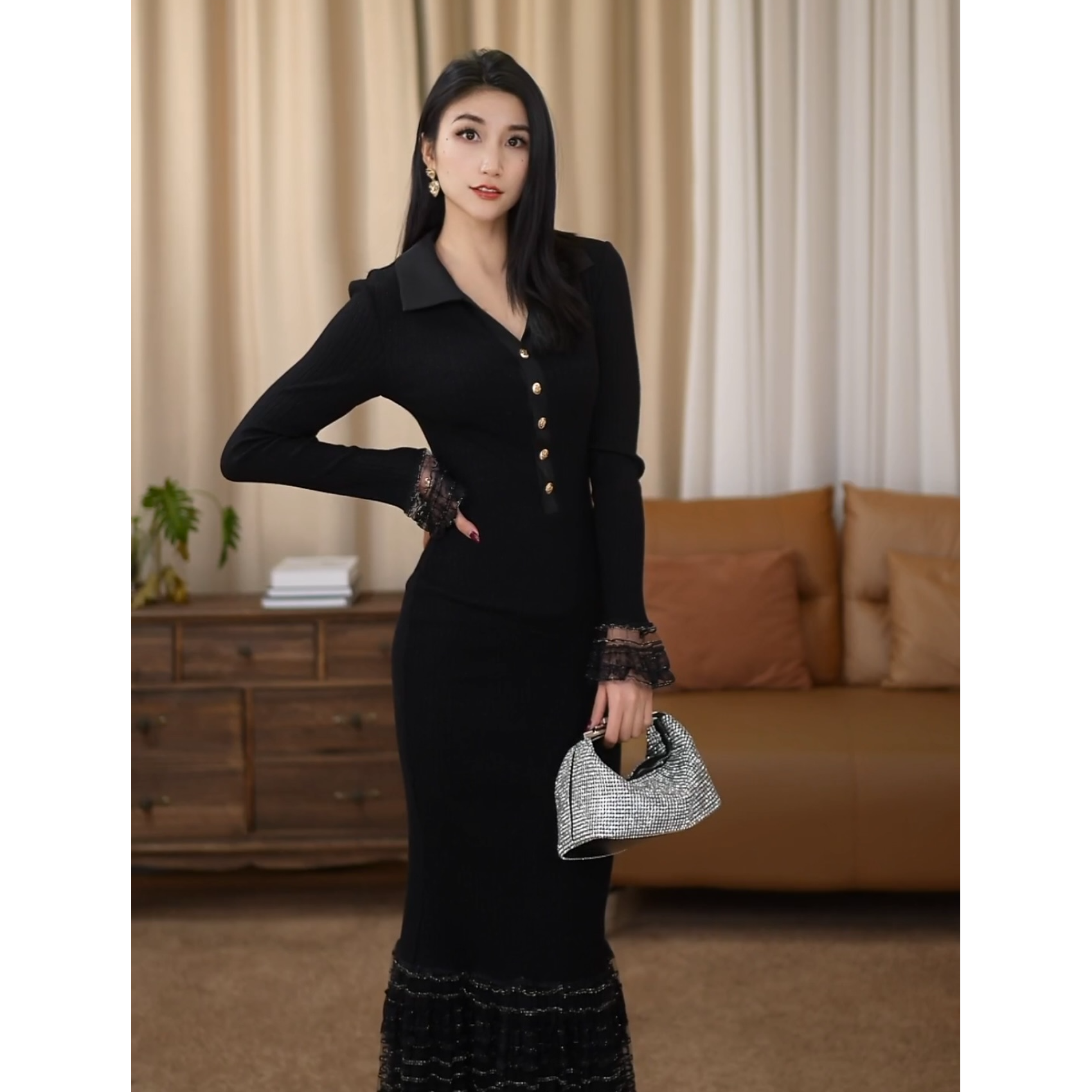 【金穗】秋冬新款法式时尚气质翻领针织显瘦鱼尾连衣裙-SW0689