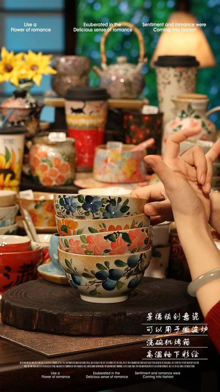 陶瓷四件套景德镇高温釉下彩手工手绘款式