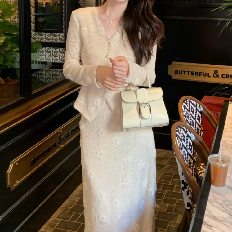 【花镜之约】蕾丝套装韩版设计师风格静奢风时尚网红白色小香风