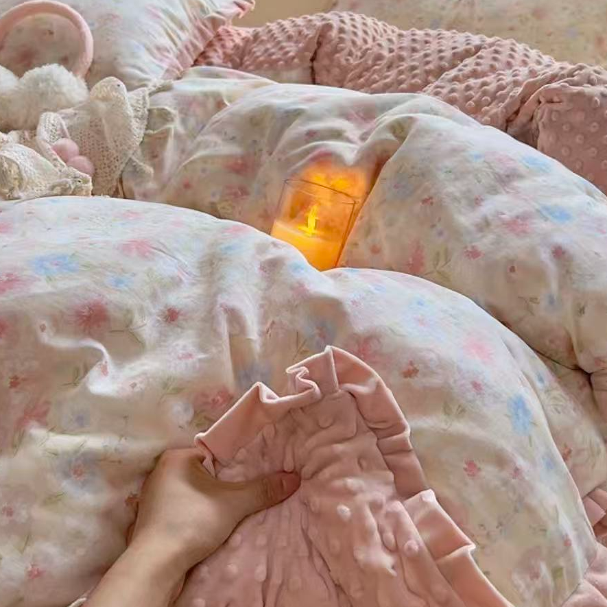 【白玉兰豆豆绒四件套】200*230A面水洗棉B面豆豆加绒保暖四件套