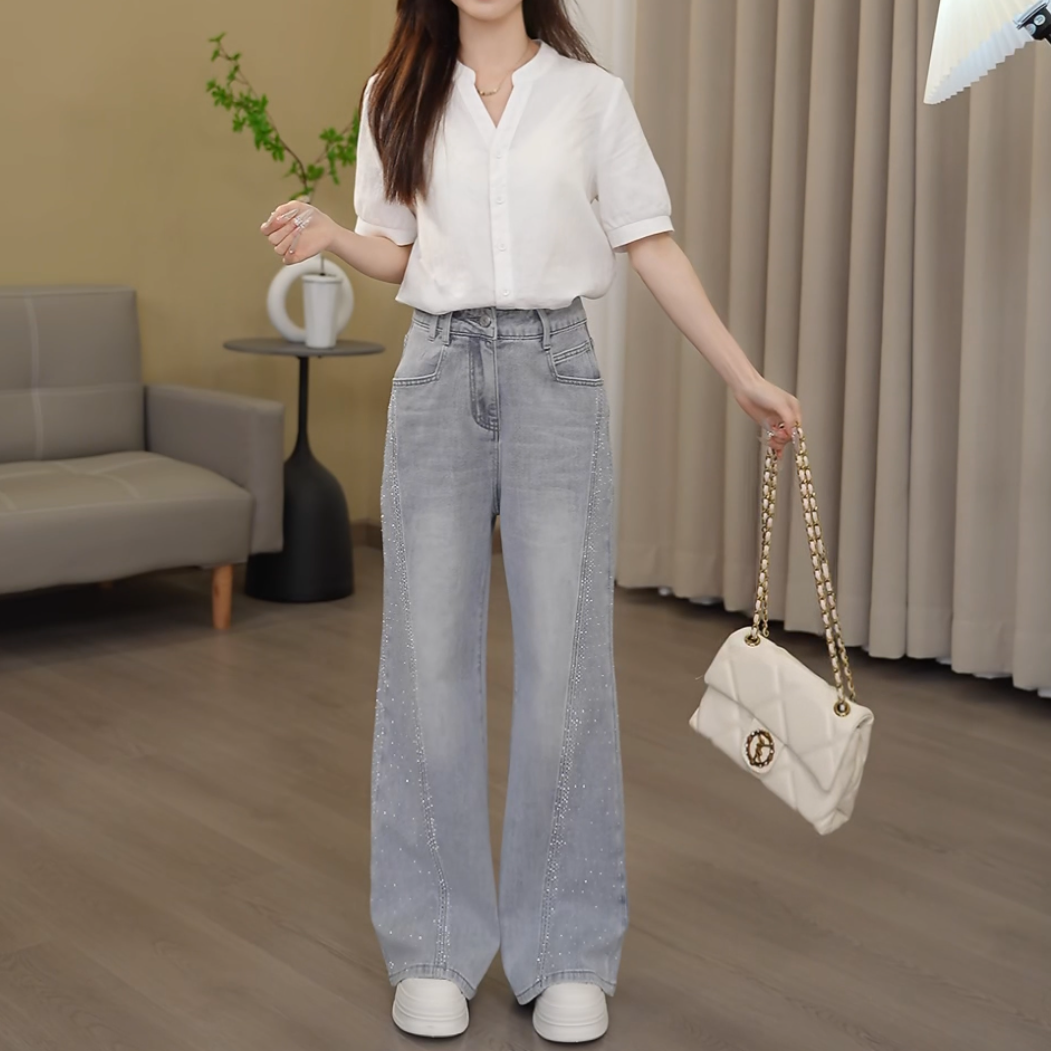 小个子高腰微喇裤小众亮片牛仔裤水洗常规ins风性感风长裤