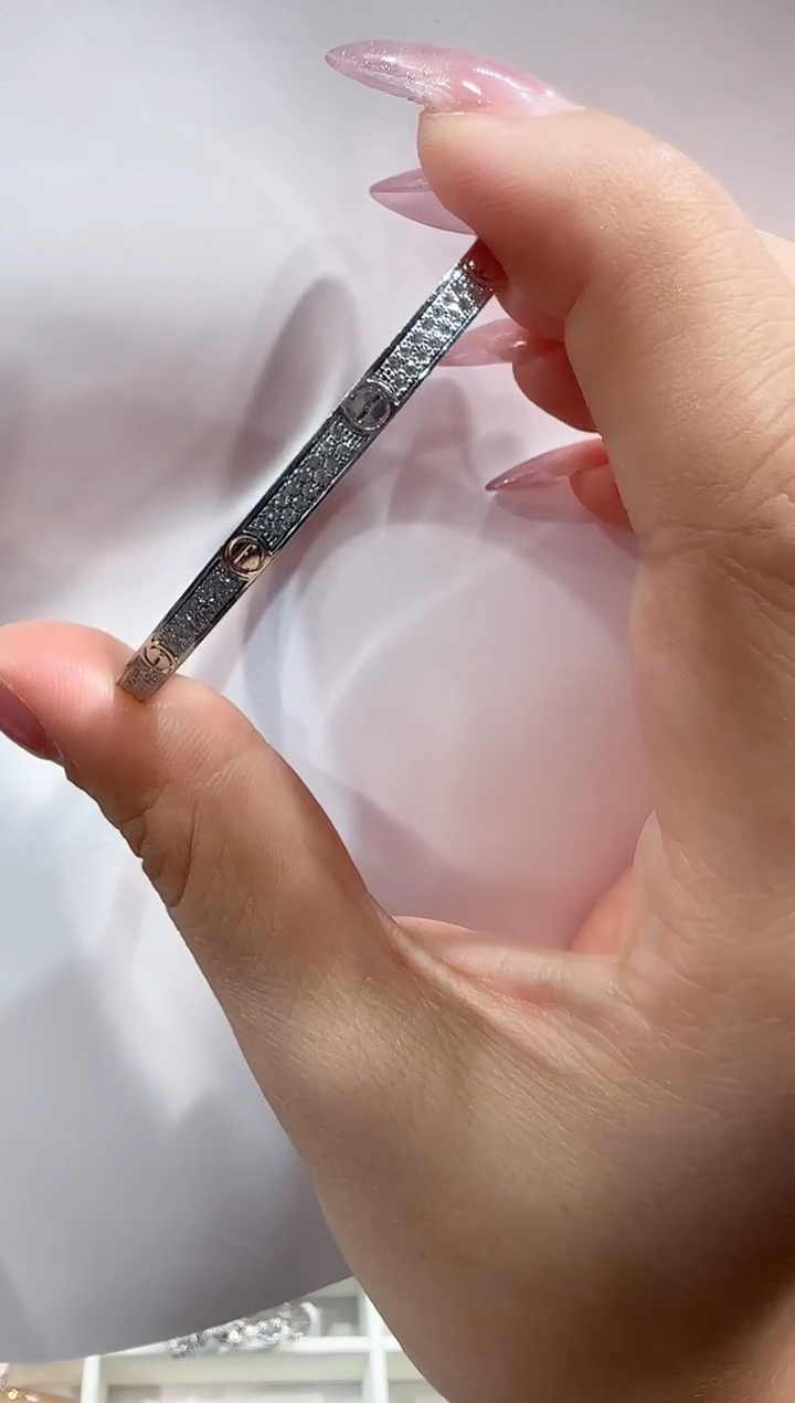 【闪购商品】钻石手镯18K金镶嵌18#K白窄版手镯