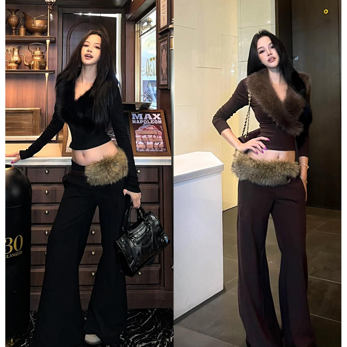 辣妹高级感交叉毛领长袖上衣加绒气质休闲显瘦长裤套装