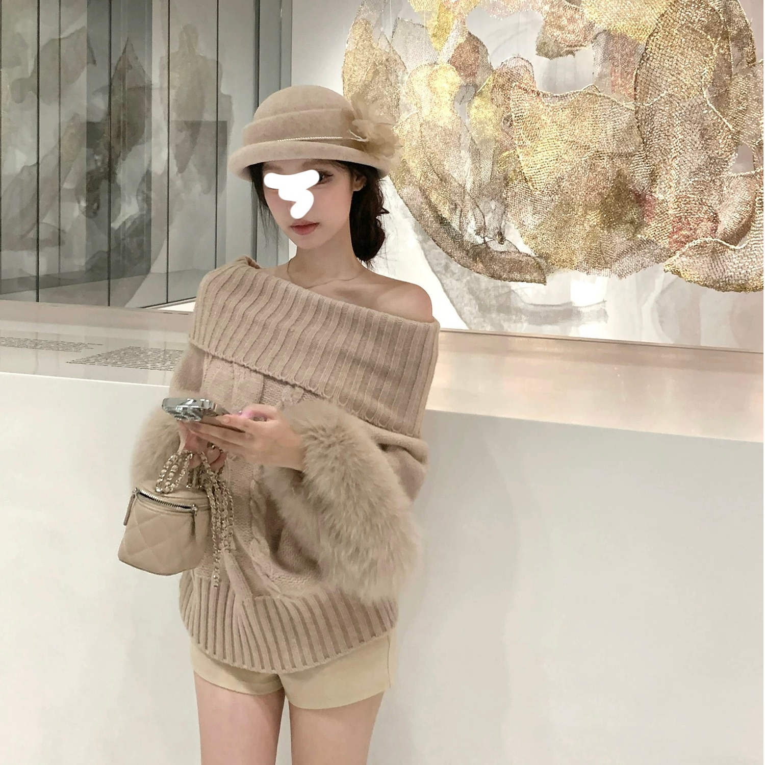 京洛佳人袖口狐狸毛高领羊毛麻花针织上衣毛衣女