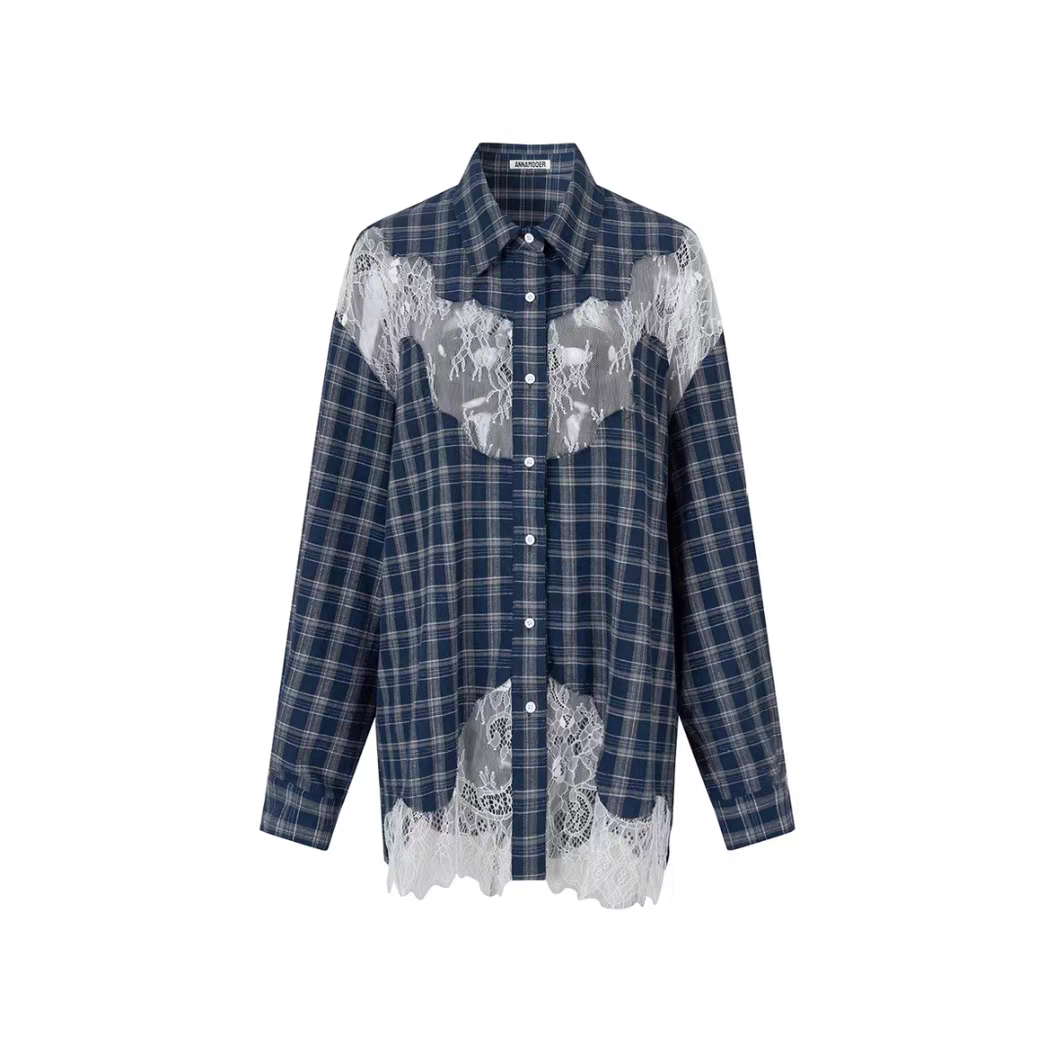 设计师品牌 ANNAMOOER 25秋冬新品藏青格休闲拼接蕾丝格子衬衫 女