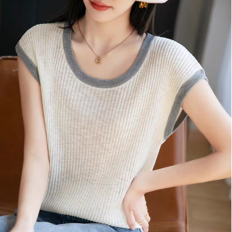 美式灰色撞色短袖t恤女夏季冰丝针织内搭打底衫短款正肩圆领上衣