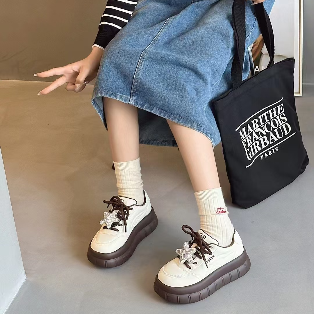 厚底休闲鞋女冬季加绒学院风百搭面包鞋系带运动松糕鞋16663