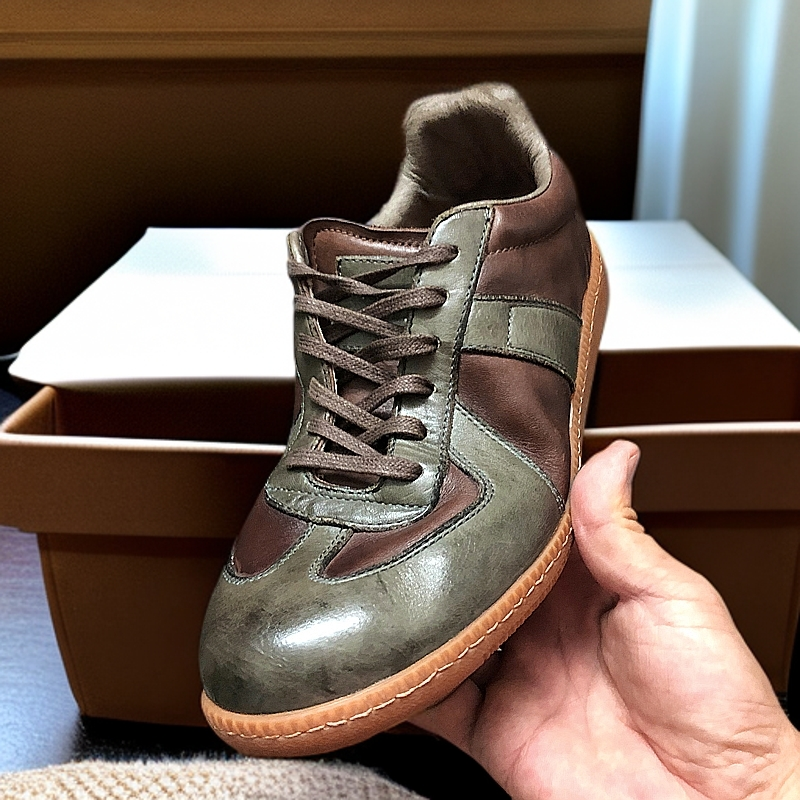 设计感小众厚底板鞋阿甘重水洗真皮做旧复古休闲百搭脏脏德训鞋男