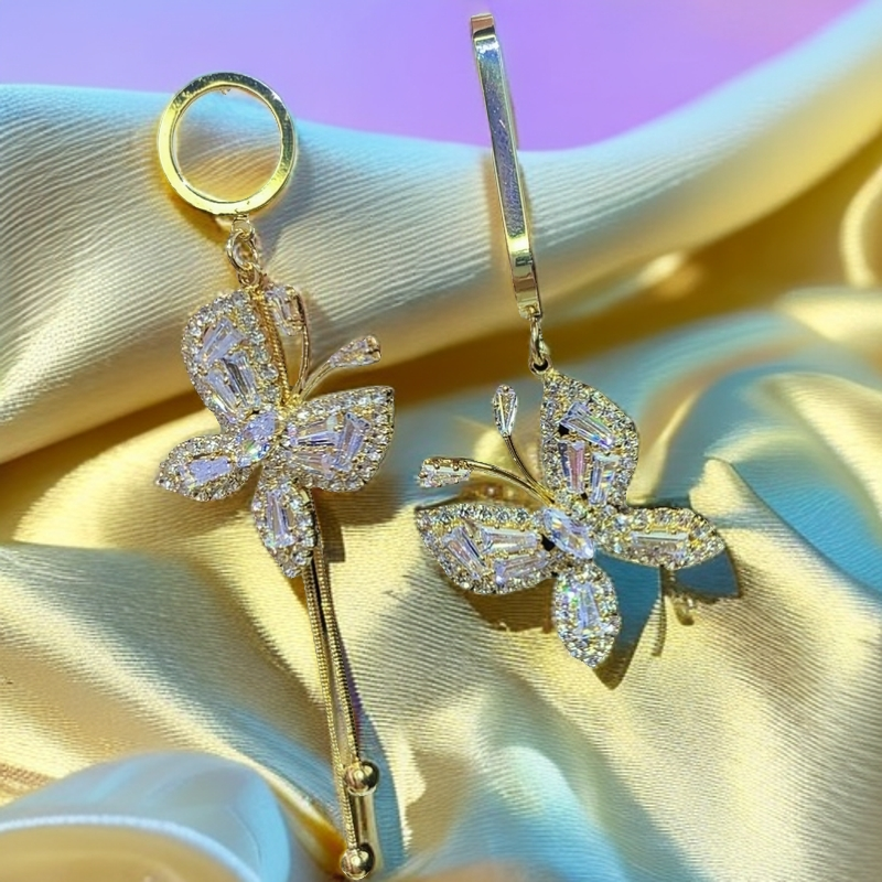 铜合金耳饰 1082蝴蝶AB款流苏耳饰真金电镀保色满钻耳环不对称