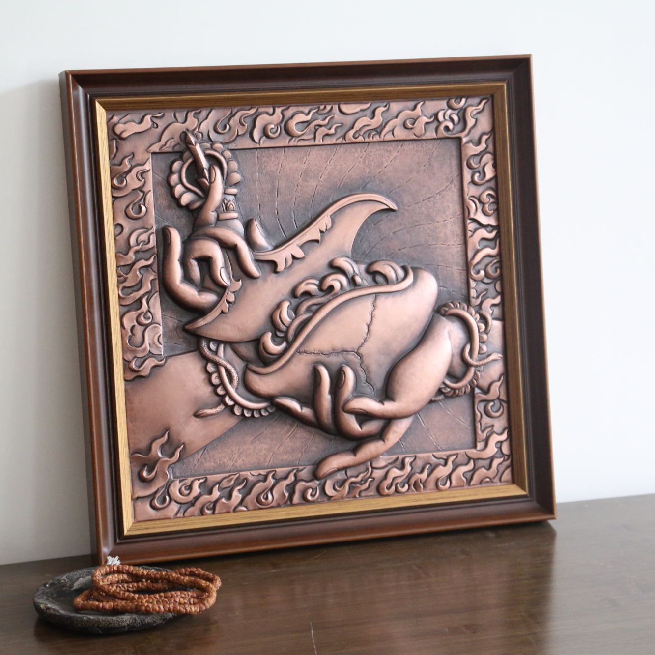 铜雕画《大黑天之法器》嘎碗藏式韵味家居书房茶室客厅背景墙装饰画