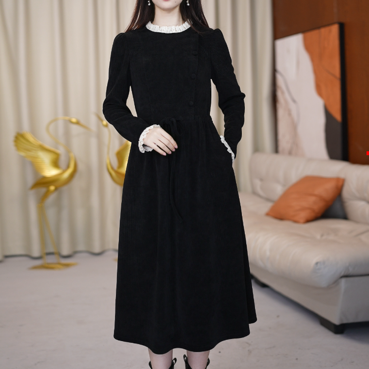 连衣裙春秋时尚黑色收腰春秋黑色气质连衣裙