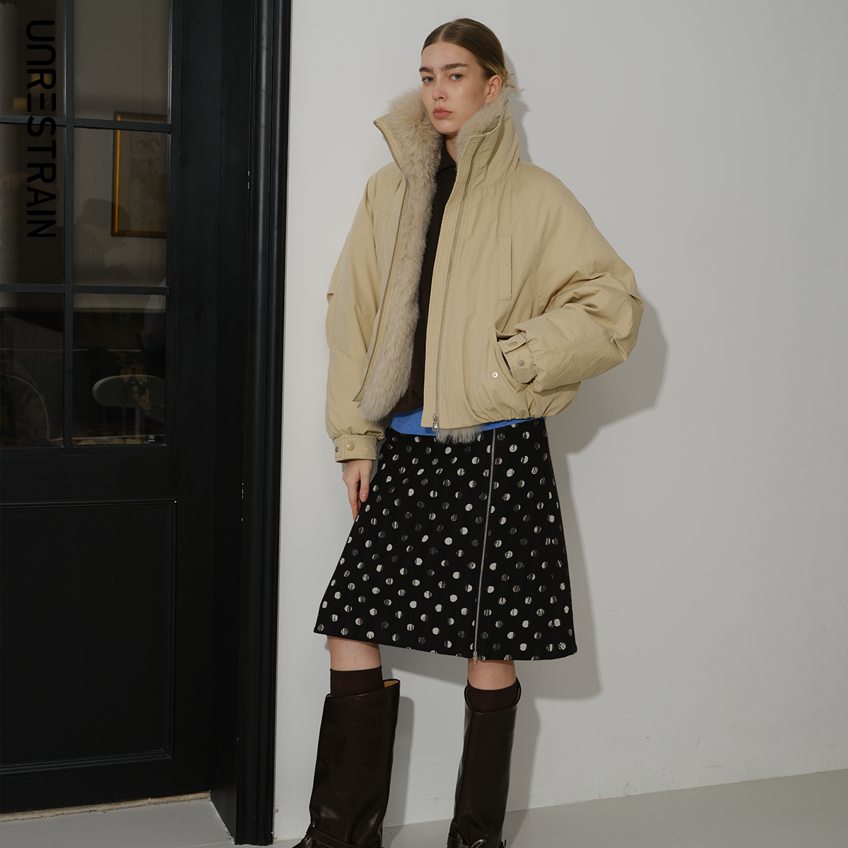 UNRESTRAIN「UNR」廓形积木 可拆卸狐狸/貉子毛领短款宽松外套上衣