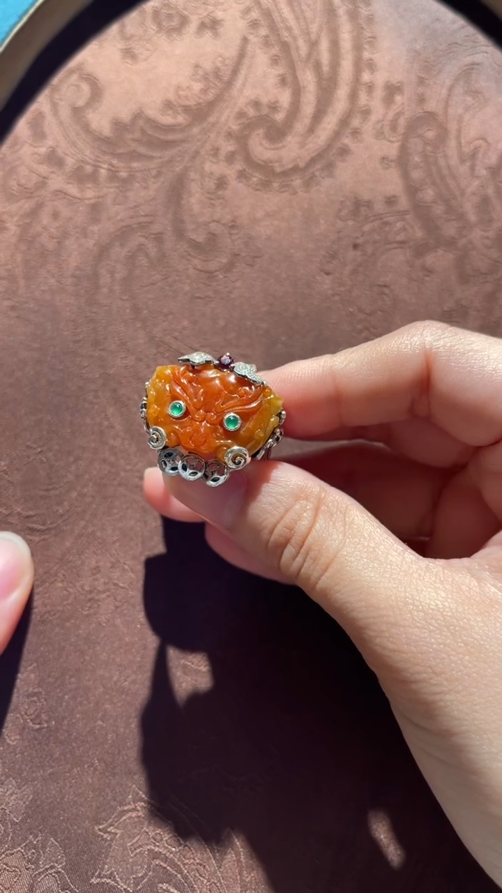 翡翠戒指银S925镶嵌红翡绿翠