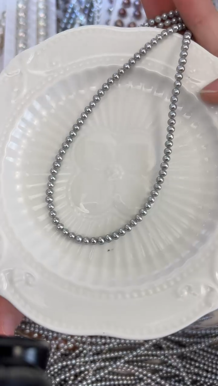 颈饰银S925镶嵌淡水珍珠3-4mm 极光油亮铂金灰