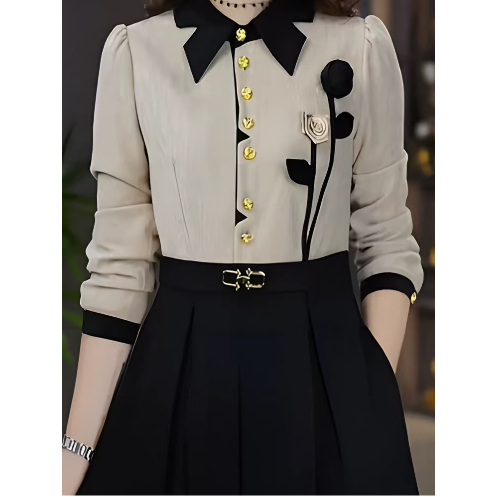 圆领套头款春秋冬中长裙连衣裙时尚女装百搭百褶套装