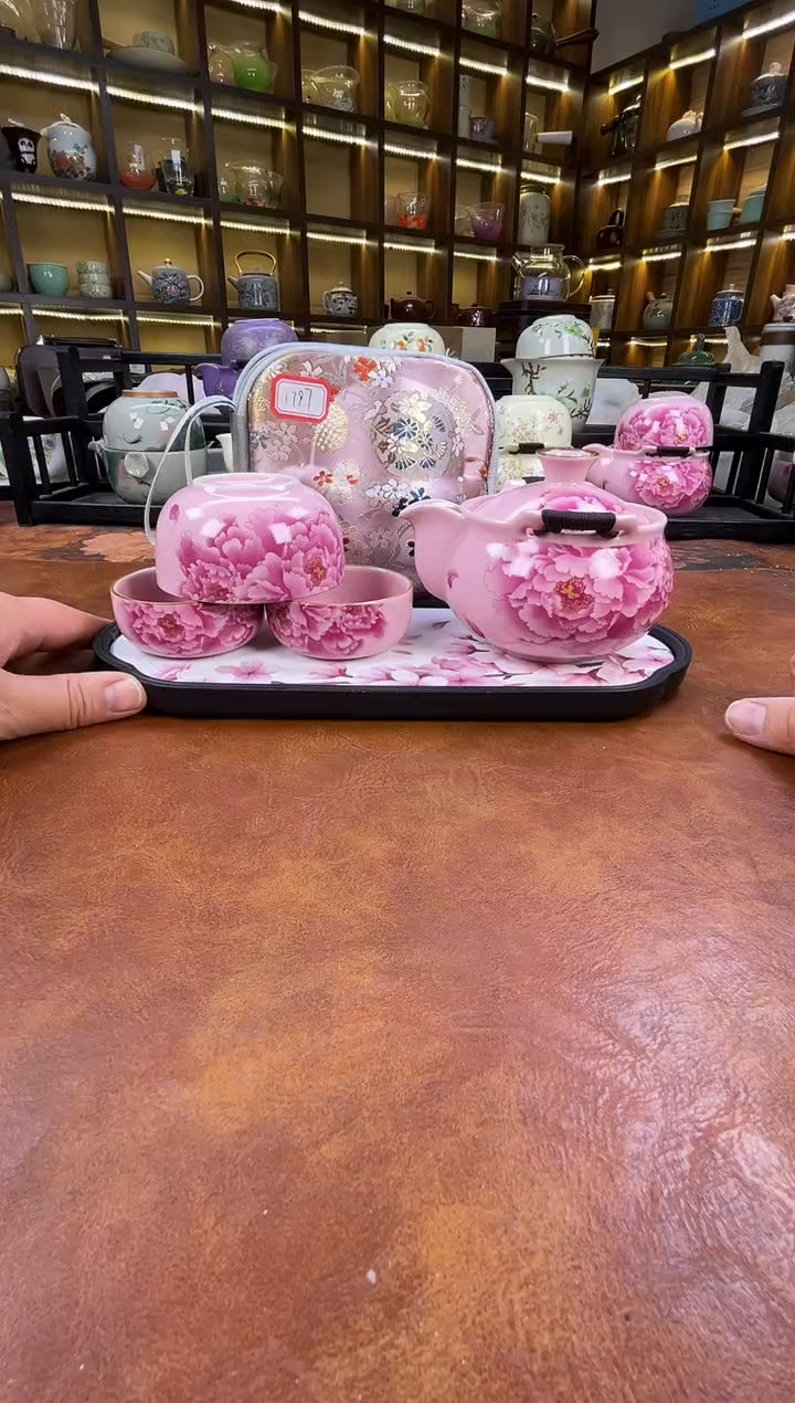 瓷片新款粉色牡丹宝瓶+长方粉色花朵盘