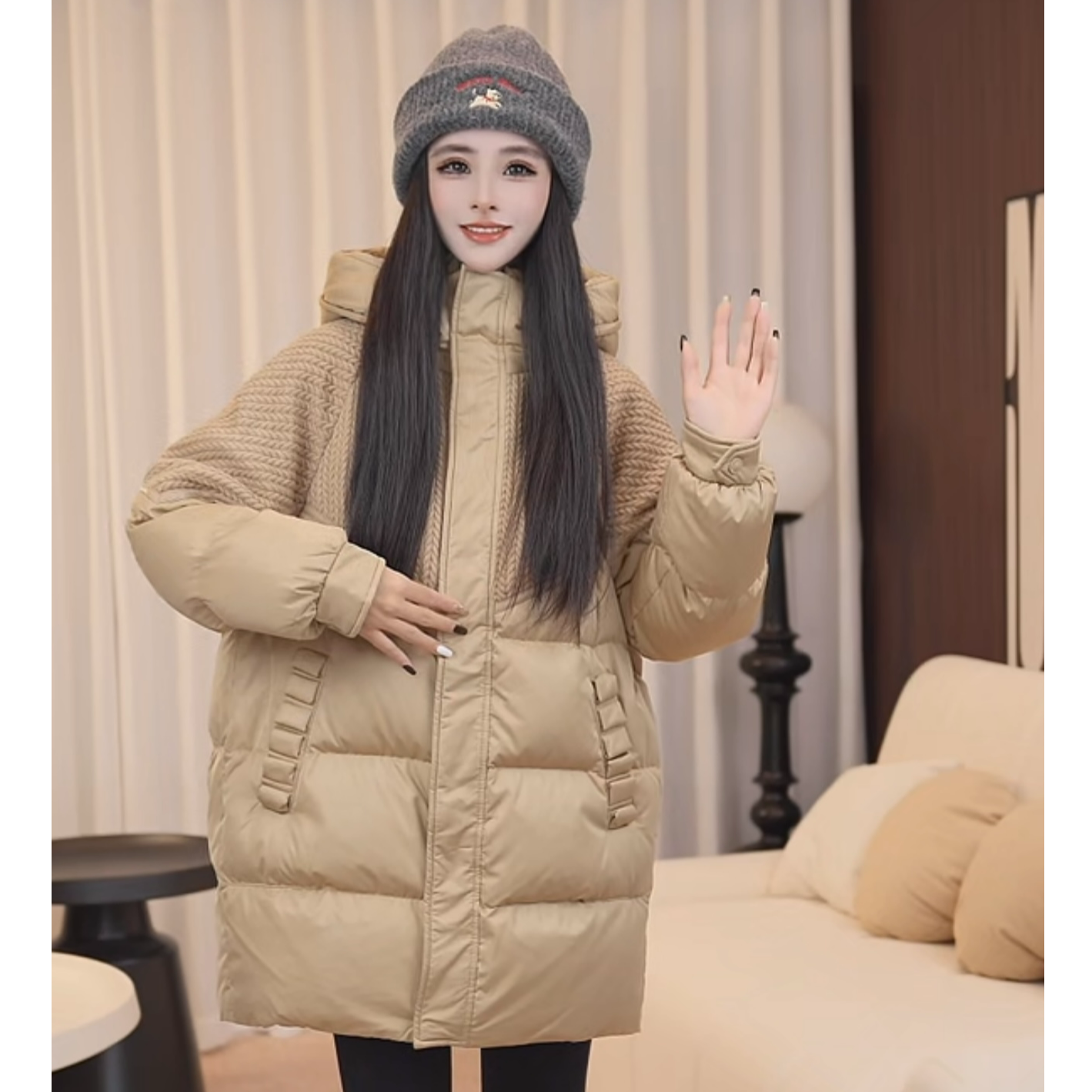 90%白鸭绒 一件不留 中长款加厚韩版针织口袋花边羽绒服女外套冬